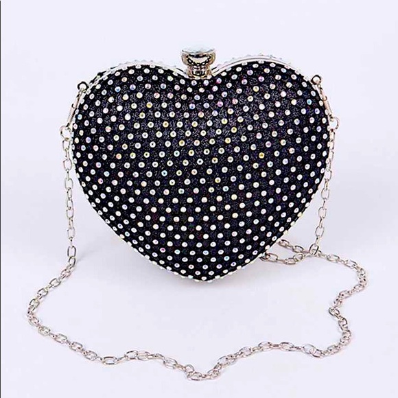 J. ELISE BOUTIQUE Handbags - TRENDY BLACK MESH RHINESTONE HEARTBOX GOLD STRAP CHAIN CLUTCH CROSSBODY BAG